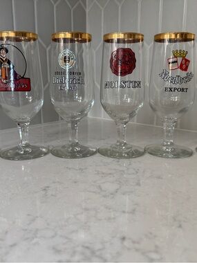 Set of 6 Vintage German Beer Tulip Glasses with Gold Rim in Original Box